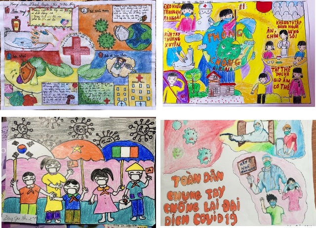 Các em học sinh nhà trường sôi nổi vẽ tranh góp phần tuyên truyền công tác phòng chống dịch bệnh Covid-19