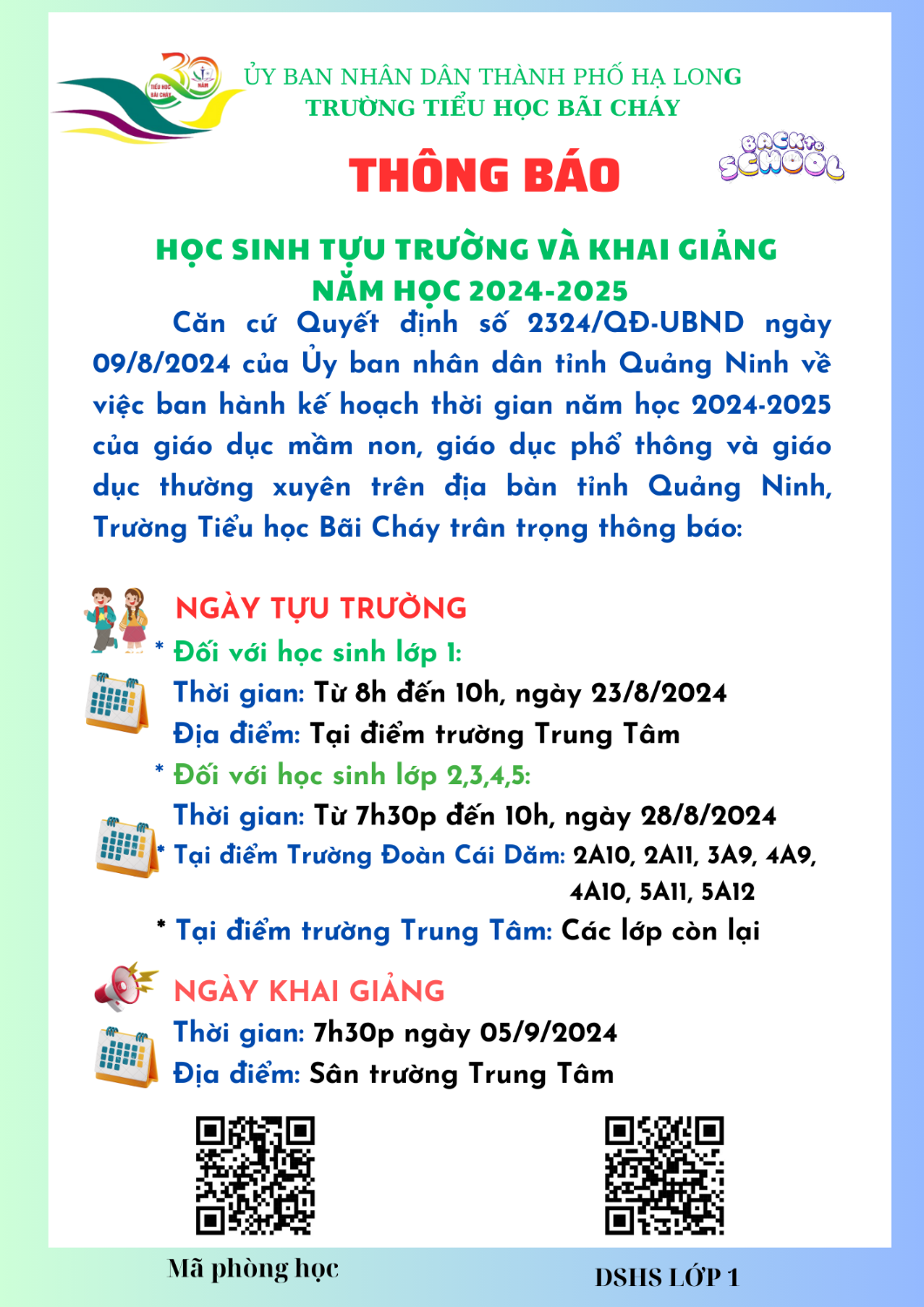 THÔNG BÁO HỌC SINH TỰU  TRƯỜNG VÀ KHAI GIẢNG NĂM HỌC 2024-2025